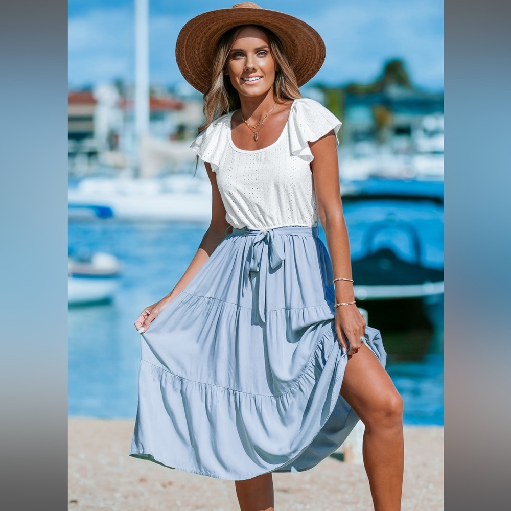 Cupshe white eyelit flutter top Light Blue Midi Skirt dress one piece Small